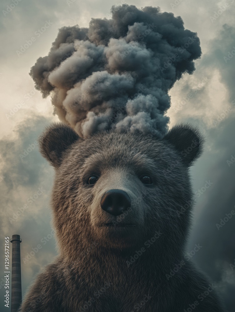 Poster dark clouds rise from bears head during an environmental event in a polluted industrial area. genera
