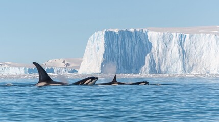 Fototapeta premium Orcas swimming near iceberg arctic ocean wildlife photography serene environment wide angle nature conservation