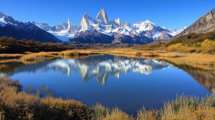 Obraz premium Majestic Mountain Vista: A breathtaking panorama unfolds as snow-capped mountains stand tall, their peaks reflected serenely in the mirror-like surface of a pristine lake, under a clear, cerulean sky.