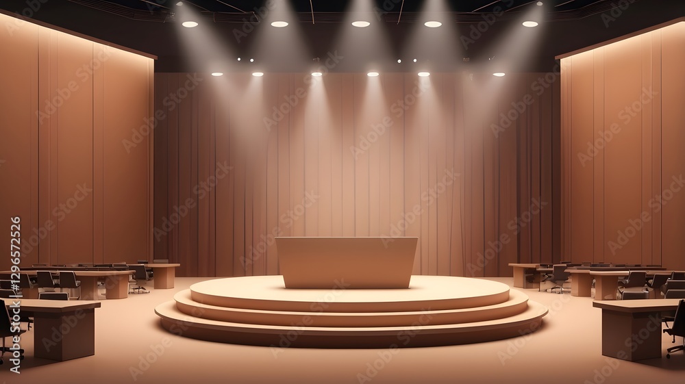 Poster a stage for presentation with spotlight with empty chairs. The setting is a professional and modern interior, with focus on the podium.