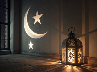 A crescent moon and star-shaped lantern glowing in a dark room, creating a peaceful Ramadan ambiance.