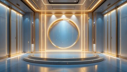 Modern elegant interior design with illuminated circular frame and soft blue backdrop for presentations