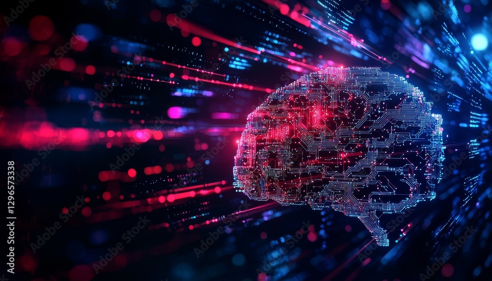 Poster a digital representation of a brain illuminated by vibrant data streams, symbolizing the intersectio