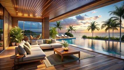 Luxurious Beachfront Pool Lounge: 3D Render of Modern Outdoor Relaxation