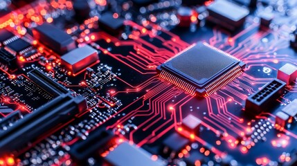 Fototapeta premium Innovative High-Tech Microchip Circuit Board Design Technology Lab Digital Art Futuristic Environment Close-up View Engineering Concepts