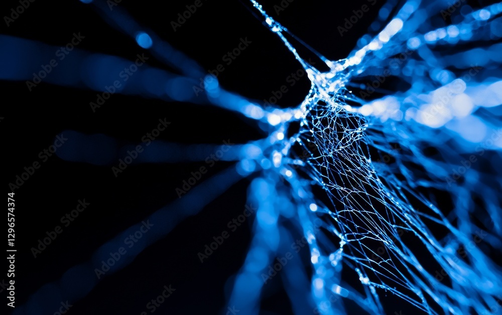 Poster a close-up view of intricate blue threads resembling a web against a dark background, showcasing del