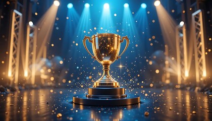 Golden Trophy on Black Base Surrounded by Sparkles and Bright Stage Lights in an Event Setting