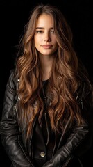 Fototapeta premium A woman with long brown hair is wearing a black leather jacket