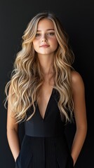 Fototapeta premium A woman with long blonde hair is wearing a black dress
