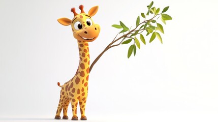 Cartoon Giraffe Holding Branch, White Background