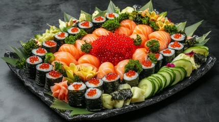 Assorted sushi platter with salmon, ikura toppings, and fresh vegetables.