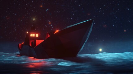 Low Poly Boat Sailing in the Dark Ocean Underneath Starry Skies