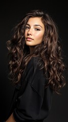 Fototapeta premium A woman with long brown hair is standing in front of a black background