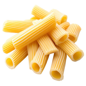 Pasta assortment, uncooked tubular pasta pieces stacked together, ideal for Italian dishes or culinary presentations. Isolated on white background or PNG