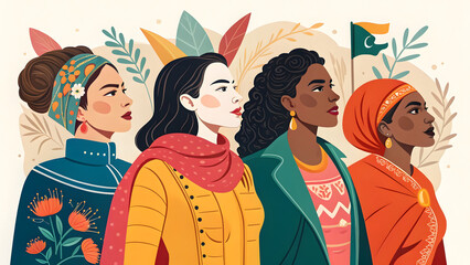 Obraz premium An illustration of women from different cultures and backgrounds, each wearing traditional attire