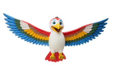 Colorful bird character with vibrant wings in a joyful pose for playful decor and children’s projects, cut out