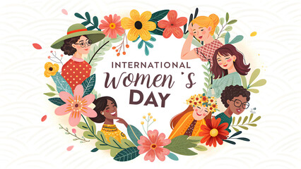 Fototapeta premium A floral wreath made up of diverse female figures, with the words 'International Women’s Day' in the center