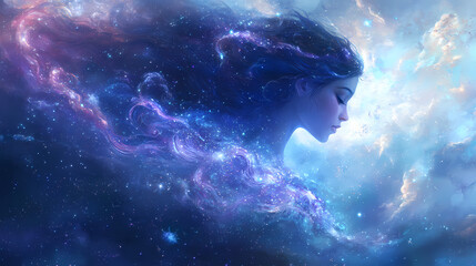 Fototapeta premium Virgo: the maiden enchanting digital art depicting a ethereal goddess amidst swirling stars, blending celestial beauty with elegant, dreamlike fantasy elements. Ethereal Star Goddess. Illustration