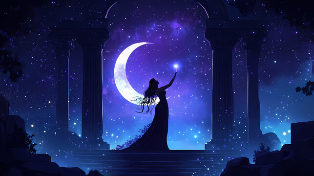 Wicca themed background illustration of moon goddess performing a ritual with ishtar star elements. Ethereal Star Goddess. Illustration