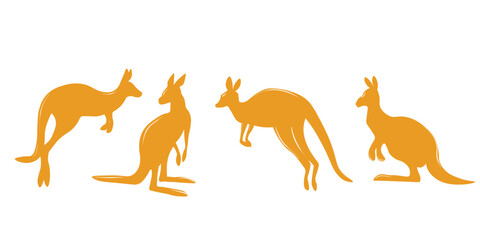 Vector set of kangaroo silhouettes. Australian cute marsupial...Various poses of a kangaroo in the wild in motion.