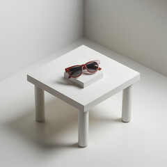 A pair of red sunglasses on a white table. minimalist design