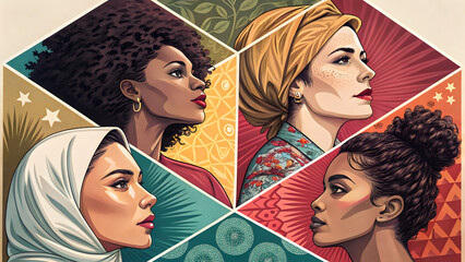 A mosaic of women's faces in different skin tones, hair textures, and styles, arranged in a geometric pattern.