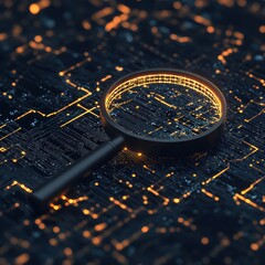 A magnifying glass over a glowing circuit board, symbolizing digital search and cybersecurity.