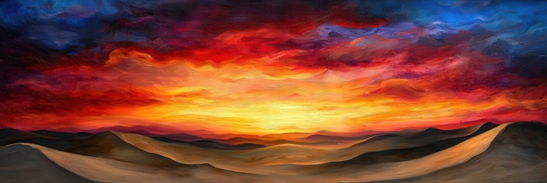 Desert landscape with vast golden sand dunes under a dramatic red and orange sunset, endless horizon and rolling textures