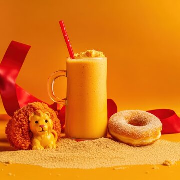 A vibrant orange milkshake with a donut and toy lion on a bright background, creating a fun and cheerful composition.