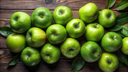 top view of multiple green apples with leaves stacked on top of each other, fresh produce, seasonal