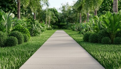 A serene pathway bordered by lush greenery, leading through a vibrant landscape filled with various plants and trees.
