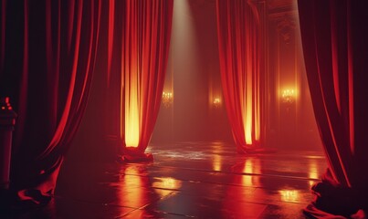 Luxurious red curtain glowing under soft stage lighting, creating a dramatic and theatrical atmosphere