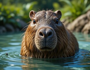 Capybara Portrait Swimming in Water with Close-up View and Lush Background
