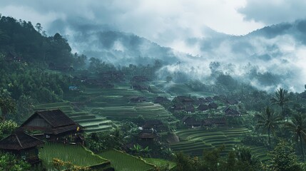 Obraz premium Rice Terrace Valley: Capture the serene beauty of a rice terrace valley, with a misty atmosphere, showcasing nature's artistry in terraces and the rustic charm of traditional structures.