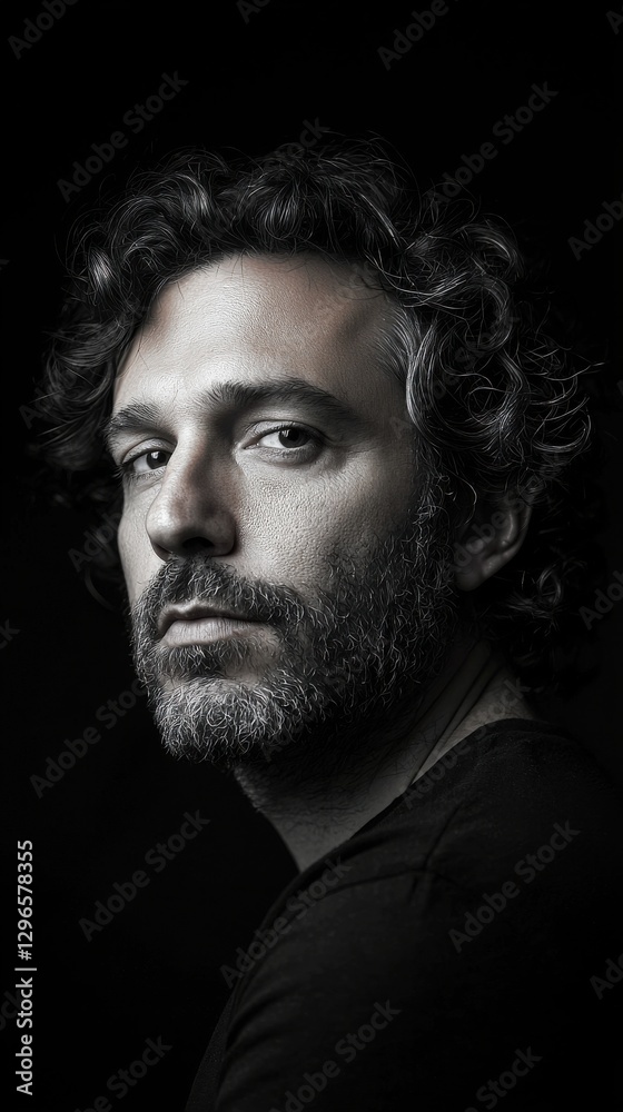 Poster a man with a beard and glasses is standing in front of a black background