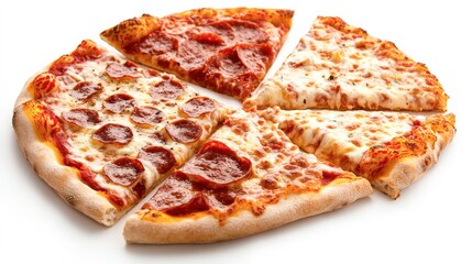 A delicious assortment of pizza slices featuring pepperoni and cheese, displayed against a clean white backdrop, Perfect for food blogs, menus, or marketing materials related to pizzerias and events,