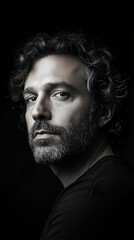 Obraz premium A man with a beard and glasses is standing in front of a black background