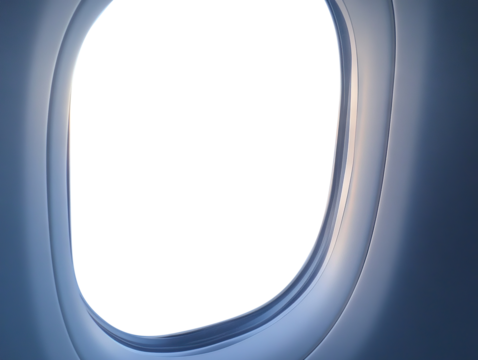 Airplane window frame with blank view, isolated on transparent cutout background