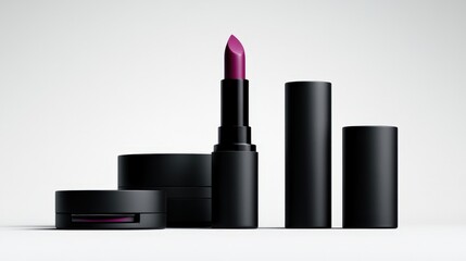 Obraz premium A sleek arrangement of matte black lip care products showcases a vibrant purple lipstick, Ideal for beauty blogs, advertisements, or product showcases
