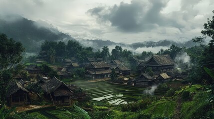 Fototapeta premium Village in the Valley: A quaint village nestled in a serene valley, surrounded by lush greenery and rolling hills.