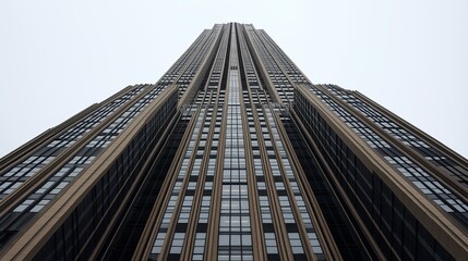 A modern skyscraper with sharp, symmetrical angles against a pale sky