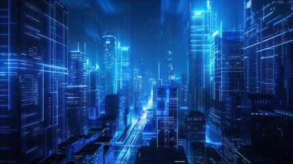 Obraz premium Digital Cityscape: Neon Blue Skyscrapers