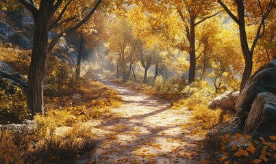 Obraz premium Scenic hiking trail surrounded by vibrant autumn foliage, illuminated by golden sunlight filtering through the trees. Warm tones evoke serenity,
