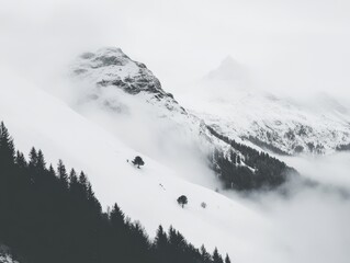 Obraz premium A snowy mountain landscape with mist covering the peaks, creating a dramatic and serene atmosphere.