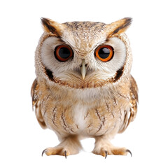 Obraz premium Cute owl standing upright, small bird with soft feathers and big eyes, symbol of wisdom and nature, ideal for educational materials. Isolated on white background or PNG