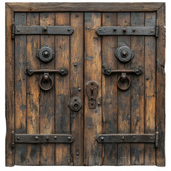 Fototapeta premium A double wooden door with rusted handles isolated on white background.PNG