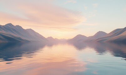 Obraz premium Scenic view of a calm lake surrounded by mountains at dawn, soft pink and orange hues reflecting off the water, evoking serenity and tranquility,