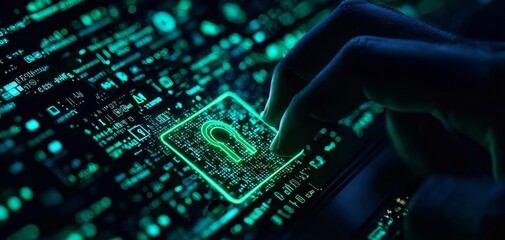 A hand interacts with a digital interface displaying a green padlock symbol, representing cybersecurity and data protection.