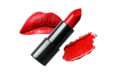 Red lipstick with a black case, red lip imprint, and a lipstick smear on a white background. Elegant and bold beauty concept. Copy space