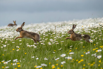 Rabbits hopping in a daisy filled meadow